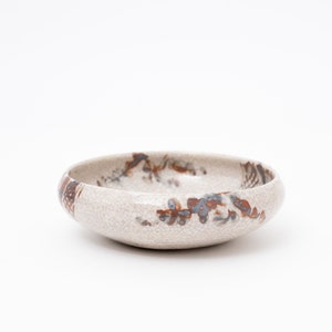 May include: A white ceramic bowl with a crackled glaze and brown and blue floral designs.