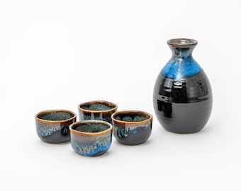 Handcrafted Mino Ware Tenmoku Sake Set - Sake Bottle and Cup 5-Piece Gift Set Made In Japan
