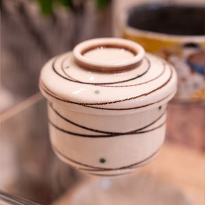 Może przedstawiać: Biały ceramiczny pojemnik z pokrywką, ozdobiony brązowo-zielonym wzorem w kształcie spirali. Pojemnik ma błyszczące wykończenie i jest ozdobiony małymi zielonymi kropkami.