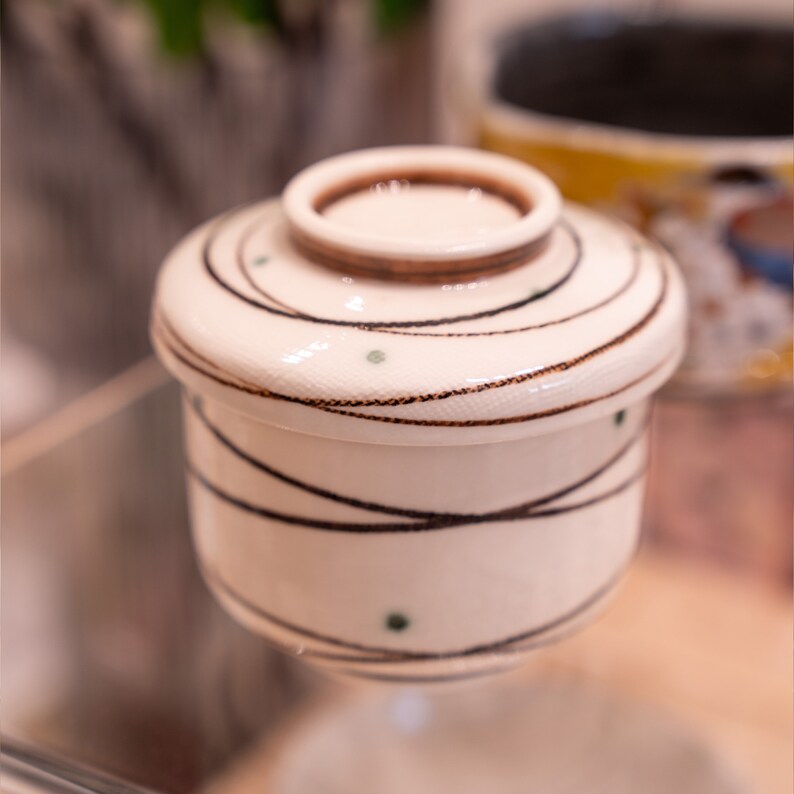 Może przedstawiać: Biały ceramiczny pojemnik z pokrywką, ozdobiony brązowo-zielonym wzorem w kształcie spirali. Pojemnik ma błyszczące wykończenie i jest ozdobiony małymi zielonymi kropkami.