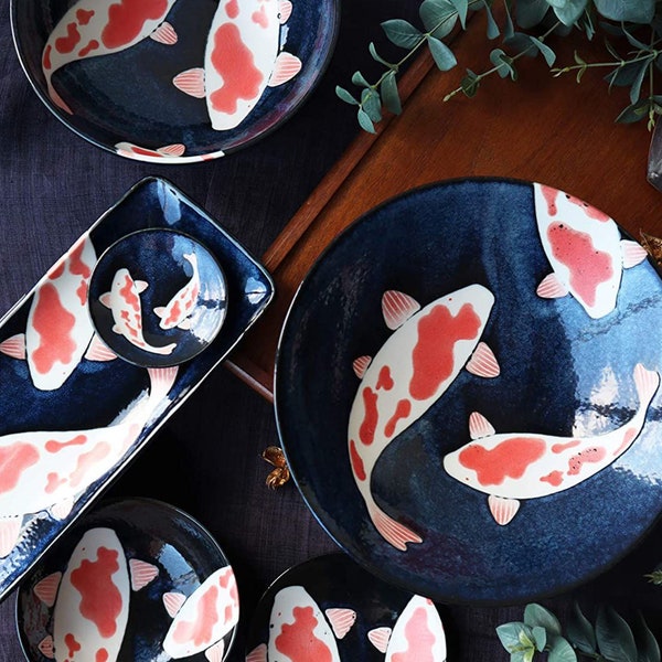 AWASAKA Japanese Koi Fish Bowl and Plate Mino Ware