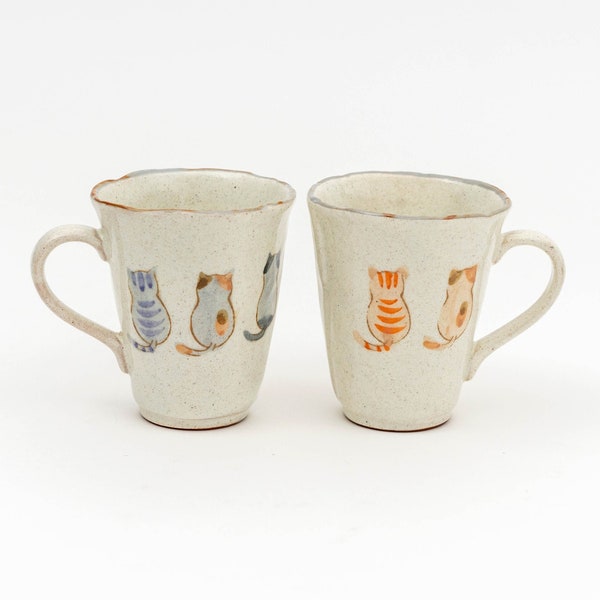 Seto Yaki Handcrafted Cat Mug - Three Cat Silhouettes | Ceramic Tea Cup, Coffee Mug, Cat Lover Gift, Handmade Pottery