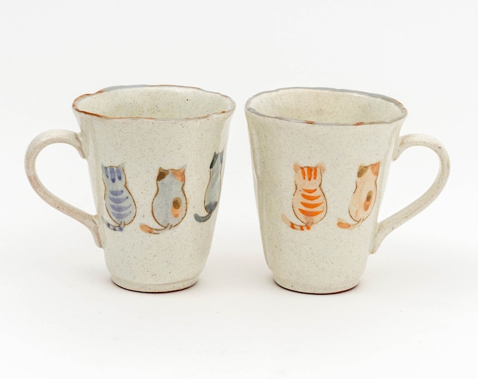 Seto Yaki Handcrafted Cat Mug - Three Cat Silhouettes | Ceramic Tea Cup, Coffee Mug, Cat Lover Gift, Handmade Pottery