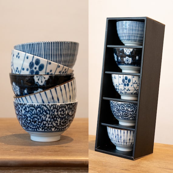 Set of Japanese Mino Ware Bowls Blue White Porcelain Authentic  Asian Dinnerware Gift Set Made in Japan