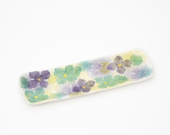 Handcrafted Rectangular Plate Blue Green Floral Seto Ware Japan | Birthday Gift | Mother's day Gift