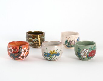Kutani Yaki Handpainted Five Flowers Kutani Ochoko Sake Cup Set of