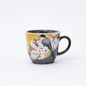 Authentic Kutani-Yaki Bird Coffee Cup | Yoshidaya Kiln Style Porcelain Mug | Unique Japanese Art Gift | Cherry Blossom Nature Lover Gift
