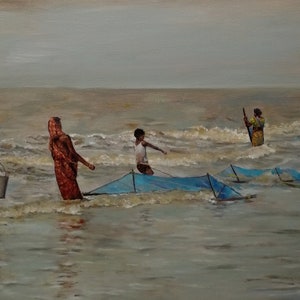 Pintura a óleo Seascape com pescadores