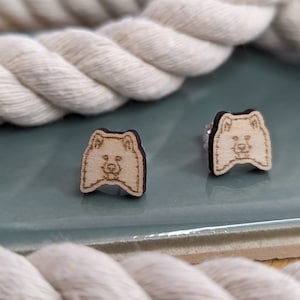 Wooden Samoyed Dog Stud Earrings