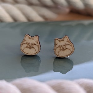 Wooden Pomeranian Dog Stud Earrings