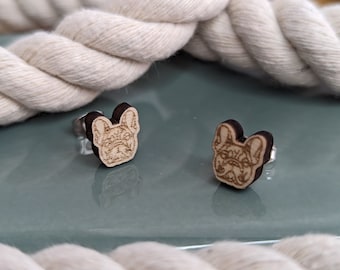 Wooden French Bulldog Stud Earrings