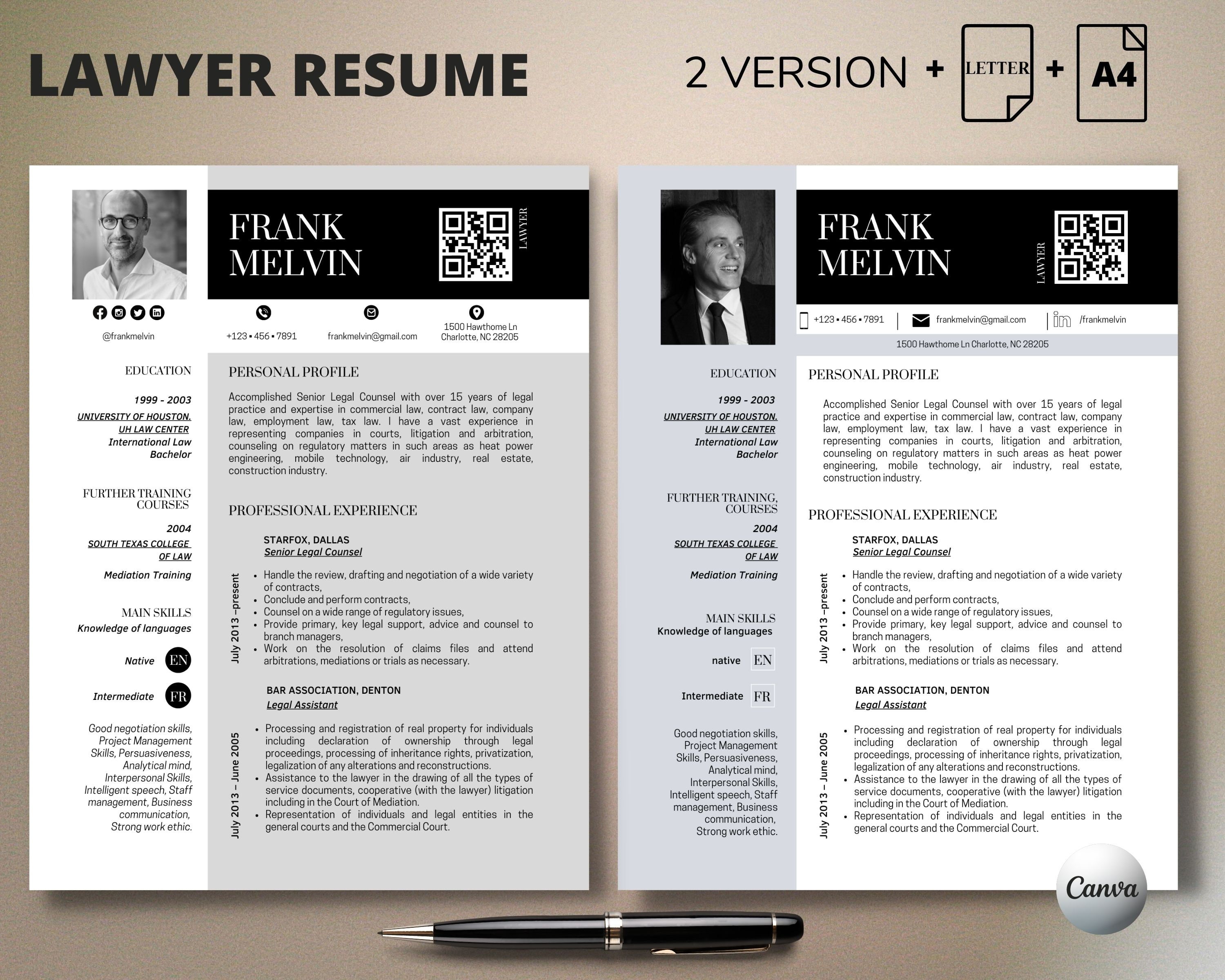 Lawyer Resume Template Professional Modern CV Canva Resume - Etsy