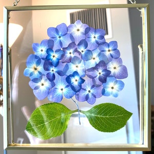 Custom pressed flower frame handmade with blue pink hydrangeas, purple hydrangeas. Pressed flower art gift for her and gift for mom