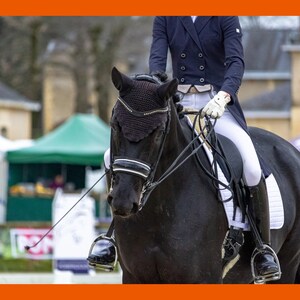 May include: A black horse with a black bridle and a black fly mask is being ridden by a person wearing a black jacket, white pants, and black riding boots. The horse is in a riding arena with a green tent and a white building in the background.