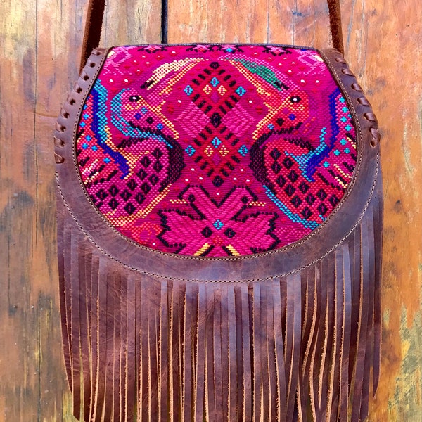 Handmade Leather Bag, Women Bag with Fringe, Upcycled Huipil, Boho Crossbody, Handmade, Crossbody Bag, Ethnic Bag, Guatemalan fabric bag