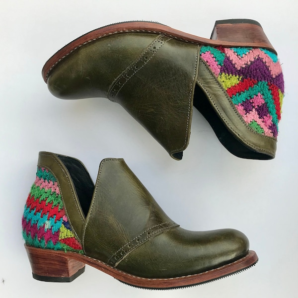 Ankle Boots, Leather Ankle Boots, Leather Boots, Boho Boots, Womens Boots, Vintage Textile Boots, Guatemalan Huipil Boots