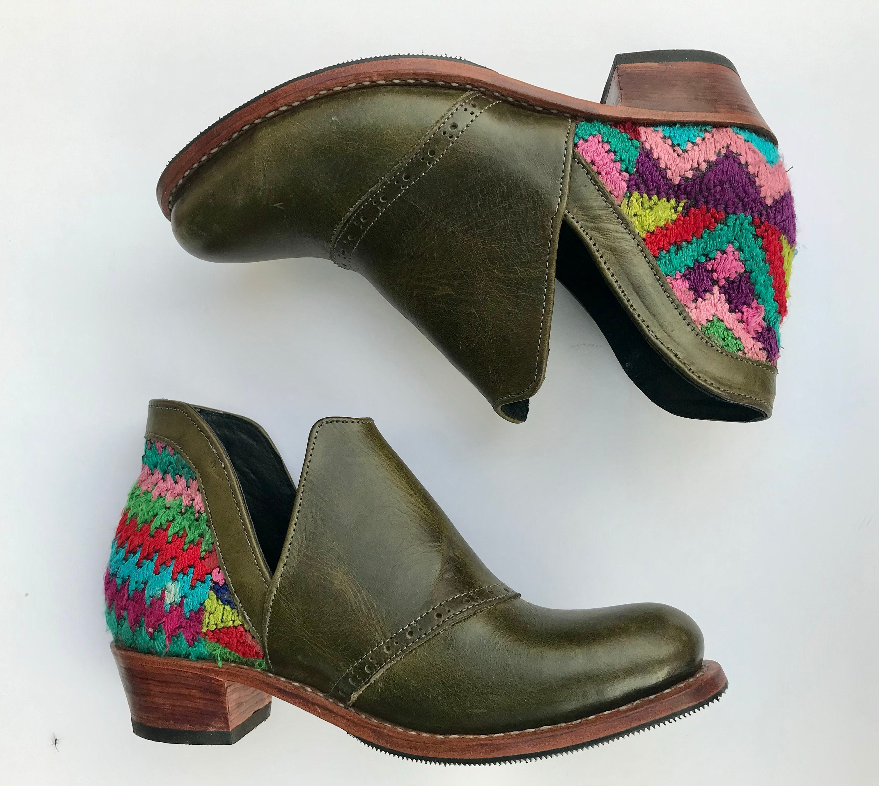 Ankle Boots, Leather Ankle Boots, Leather Boots, Boho Boots, Womens Boots, Vintage Textile Boots, Guatemalan Huipil Boots