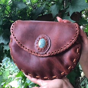Handmade Leather Bag with Jade Stone, Leather bag, Jade Stone Purse, Crossbody Bag, Shoulder Bag, Women Bag, Handmade Bag, Boho Purse