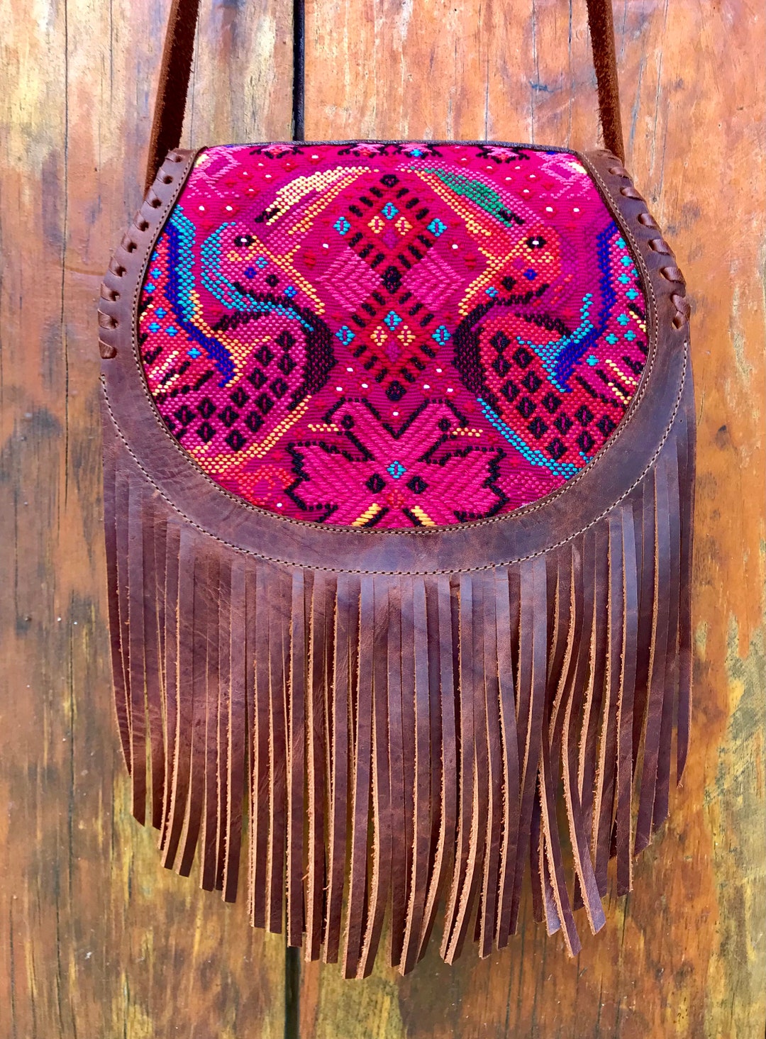 Borsa in pelle fatta a mano, Borsa da donna con frange, Huipil