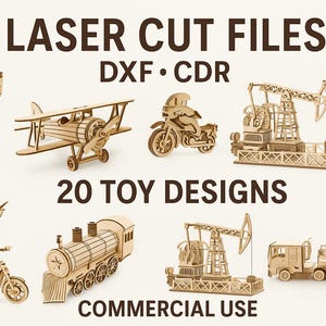Puede incluir: Una colección de diseños de juguetes de madera cortados con láser, incluyendo un biplano, una motocicleta, un tren y una bomba de petróleo. La imagen presenta el texto "LASER CUT FILES DXF CDR" y "20 TOY DESIGNS COMMERCIAL USE".