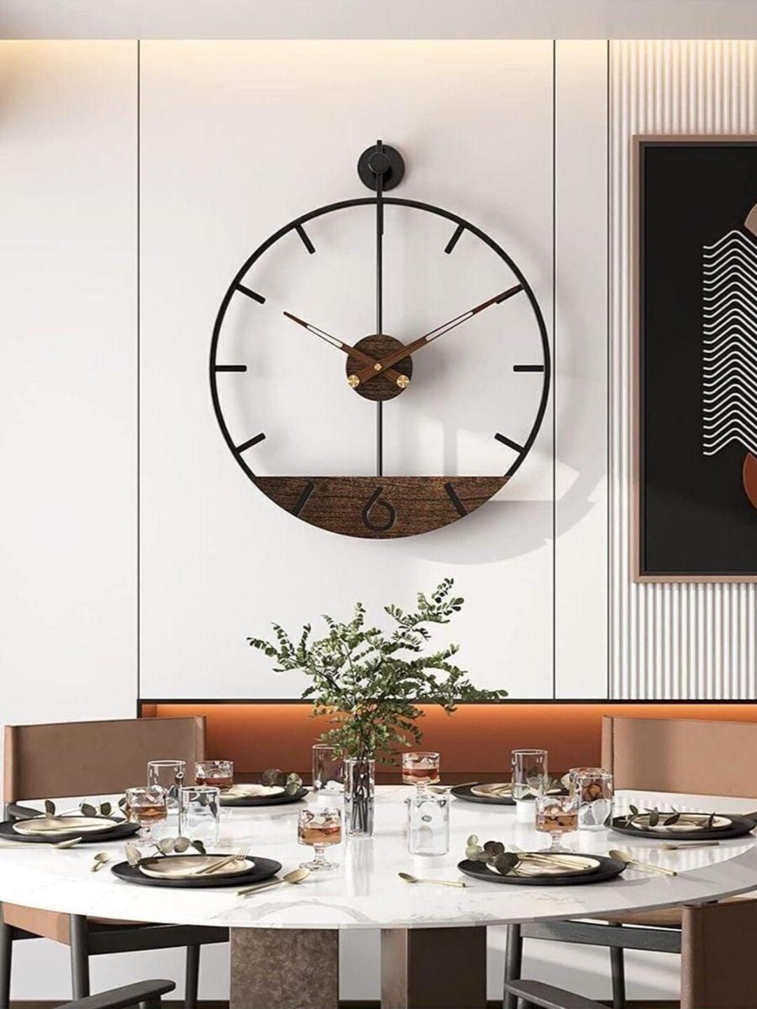 Metal Wall Clock, Large Silent Modern Black Clock With Wood Details ...