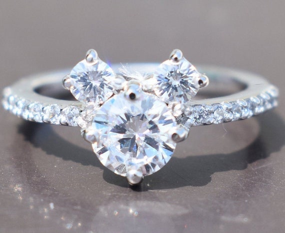 Mickey Mouse Diamond Ring Engagement Three Stone Ring Round | Etsy