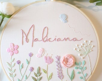 Custom Floral Name Embroidery Hoop Art, Nursery Decor Keepsake, Heirloom Embroidery, Handmade