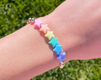 5mm 14k Gold-filled Beaded Bracelet with Colorful Rainbow Stars | Summer Jewelry | Gold Jewelry