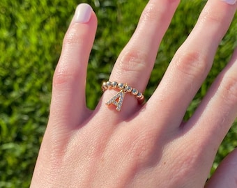 14k Gold-filled Beaded Initial Ring | Waterproof Charm Jewelry