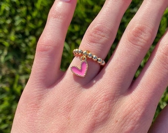 14k Gold-Filled Beaded Heart Charm Ring | Waterproof Jewelry
