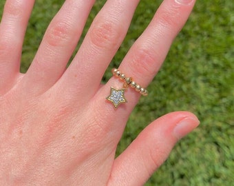 14k Gold-filled Star Charm Ring | Beaded Stretchy Ring
