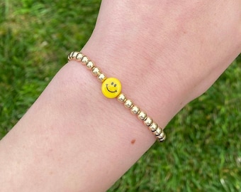 14k Gold-filled Beaded Bracelet | Smiley Face Charm, 4mm Beads