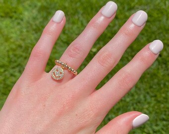 14k Gold-Filled Smiley Face Ring | Beaded Charm, Stretchy Ring