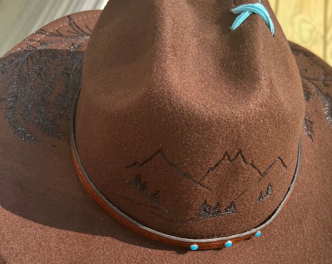 Hand Burned Hat, Mountain and Wildflower Torched Cowboy Hat, Brown Leather Hat Band With Turquoise Stones