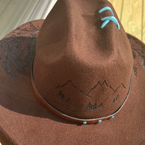 Hand Burned Cowboy Hat: Mountain Wildflower Design, Turquoise Leather Band