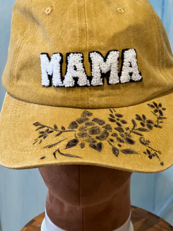Hand Burned Baseball Hat, Mustard Yellow Denim Wildflower  display picture 1
