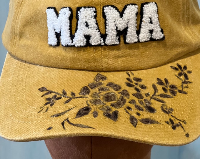 Hand Burned Baseball Hat, Mustard Yellow Denim Wildflower, Mama