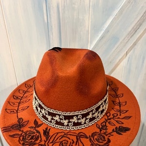 Hand Burned Hat ,Uniquely Customized and Torched, Burnt Orange, Wide brim with Roses, Adjustable fit,Beautiful Lace Band