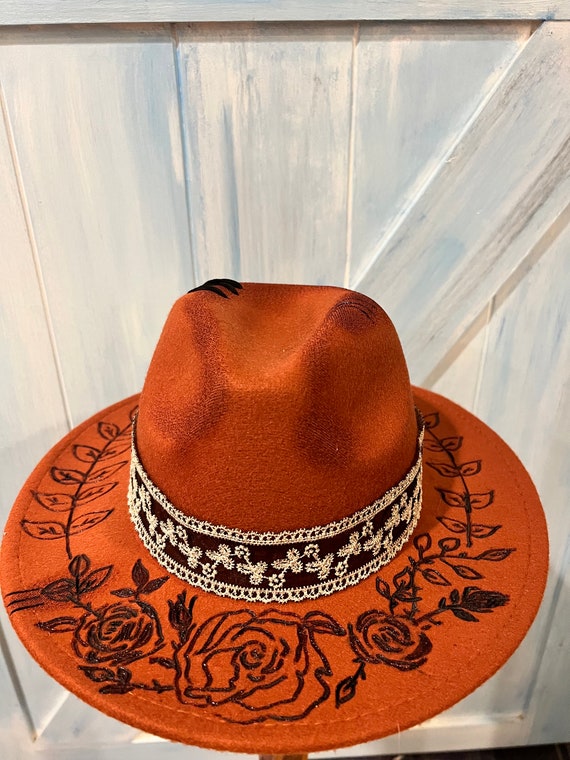 Hand Burned Women\'s Orange Floral Wide-Brim Fedora Hat Burned Custom Wide Brim Fedora Hat | Wildflowers, Bandana  main image 4