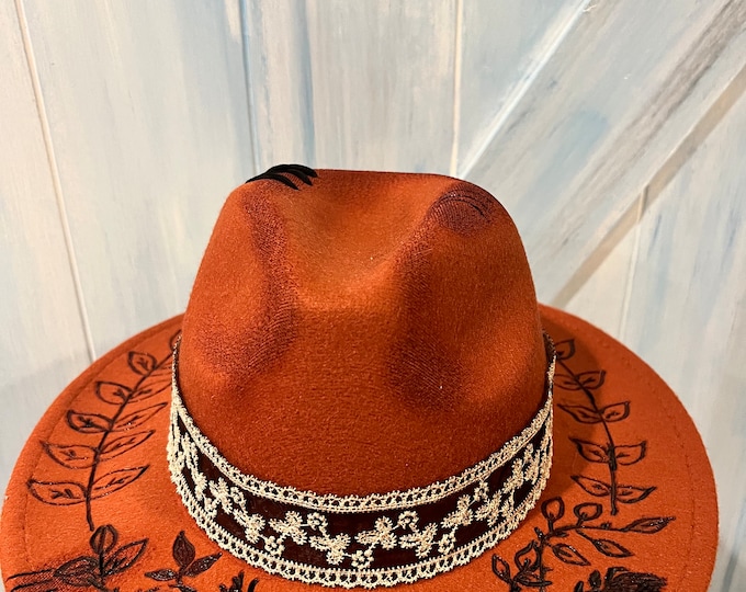 Hand Burned Hat ,Uniquely Customized and Torched, Burnt Orange, Wide brim with Roses, Adjustable fit,Beautiful Lace Band