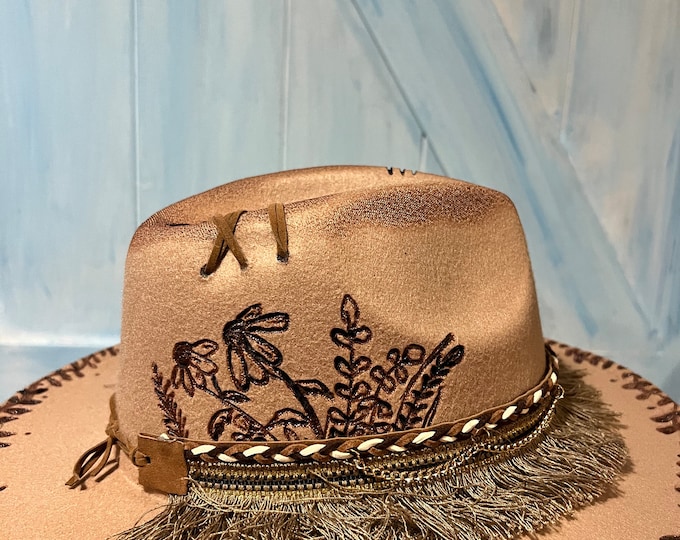 Wide Brimmed Hand Burned Hat ,Torched and Customized, Tan wide brim hat with flowers, Adjustable Size for custom fit