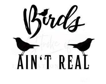 Puede incluir: Diseño gráfico en blanco y negro con el texto "Birds Ain't Real". La palabra "Birds" está en una fuente cursiva, con un pequeño pájaro posado en la letra "B". Dos siluetas de pájaros están debajo.