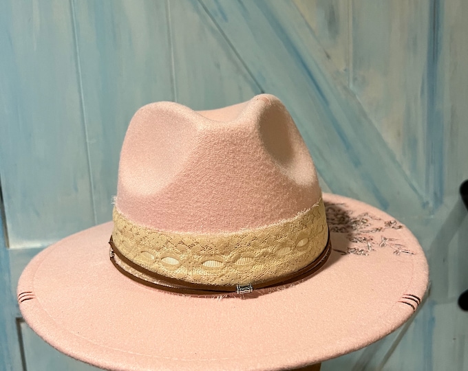 Hand Burned Hat , Pink Wide brim with flowers, Adjustable Size for custom fit,Beautiful band and leather X