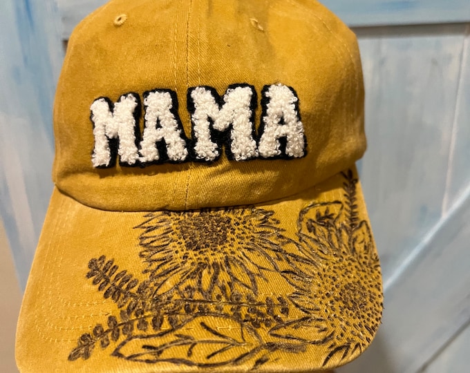 Baseball Hat, Mama, Hand Burned Sunflower, Distressed Yellow Denim