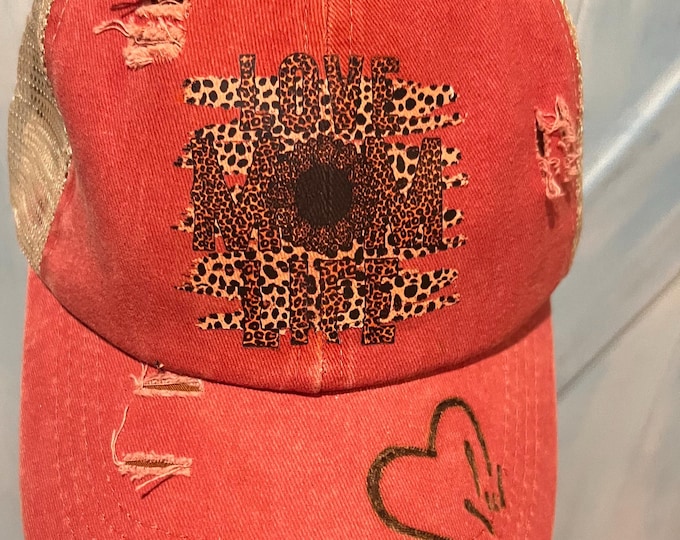 Baseball Hat, ASL,Hand Burned, I Love You, Distressed Coral Denim