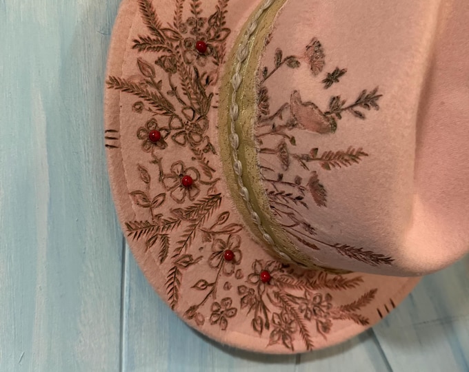 Custom Wide Brim Hat, Hand Burned, Pink, Torched, Pink Wide Brim with Bird & Wildflowers.