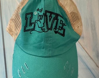 Gorra de béisbol vaquera desgastada color verde azulado, ASL I Love You