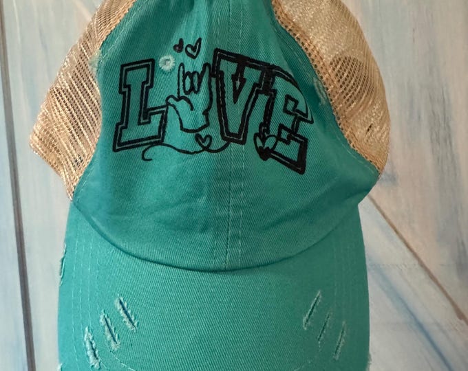 Baseball Hat, ASL, Love, I Love You, Distressed Teal Denim