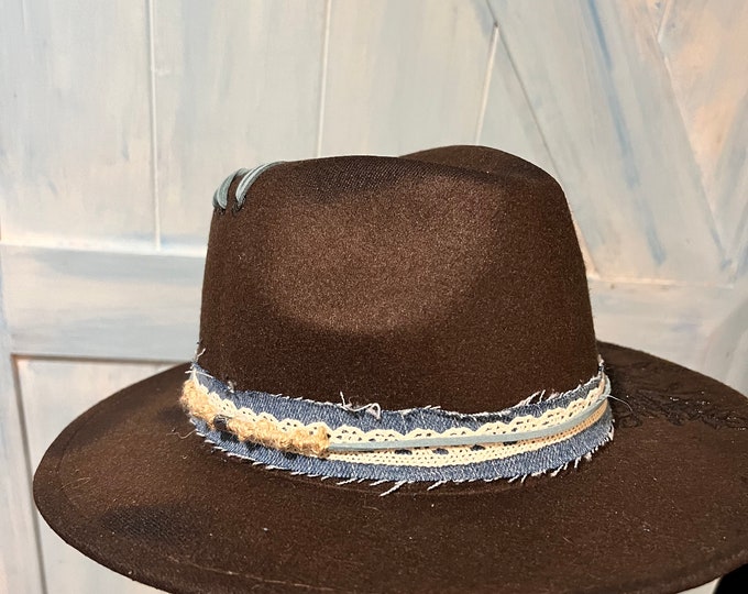Hand Burned Hat, Chocolate Brown, Wide brim with wild flowers, Adjustable