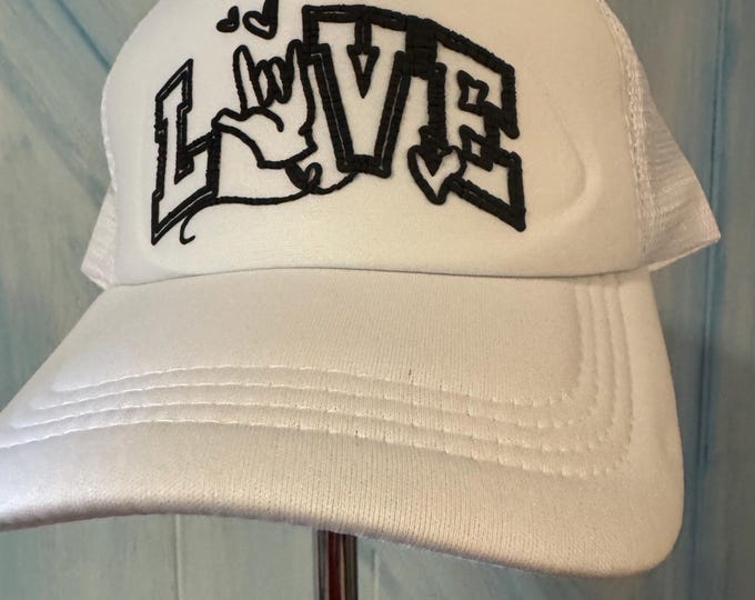 Baseball Hat, ASL, Love, I Love You, White Hat Black Logo